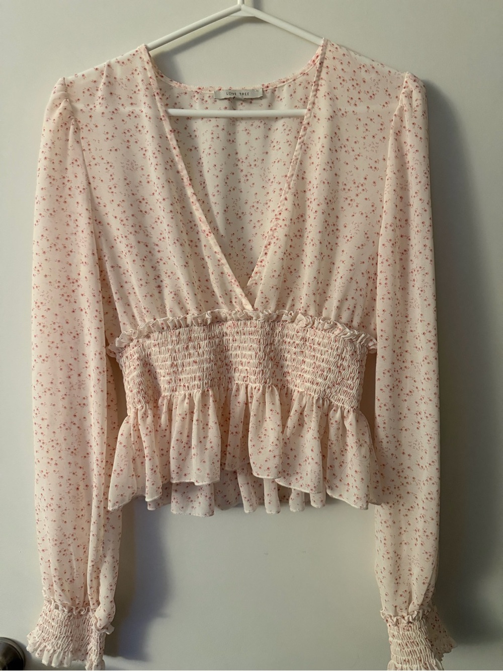 Love Tree Blush Pink Floral V-Neck Smocked Peplum Blouse